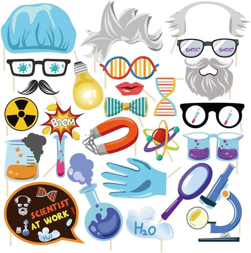 25Pcs Science Photo Booth Props with Stick, Mad Scientist Selfie Props for Chemistry Laboratory Party Supplies