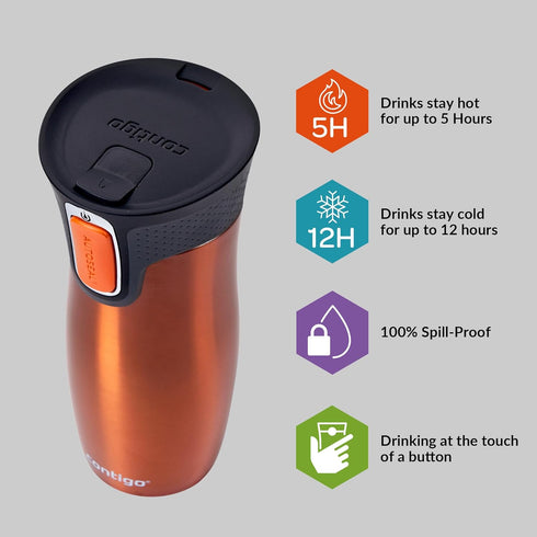 Contigo West Loop Autoseal Travel Mug, Stainless Steel Thermal Mug, Vacuum Flask, Leakproof Tumbler, Coffee Mug