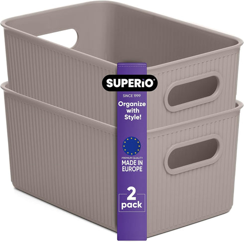 Superio Ribbed Collection - Medium Taupe Decorative Plastic Open Home Storage Bins Organizer Baskets (2 Pack) for