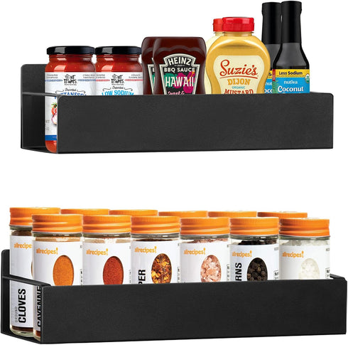 Kitchen Spice Rack for Wall - 13.8" Black Large Adhesive Hanging Spice Racks, 2 Packs Storage Organizer