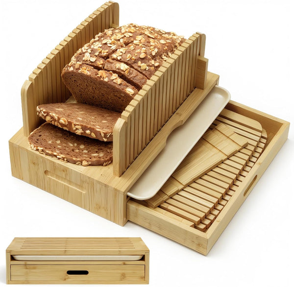 Joothlin Bamboo Bread Slicer for Homemade Bread Adjustable Width Slicing Guides, Compact Loaf