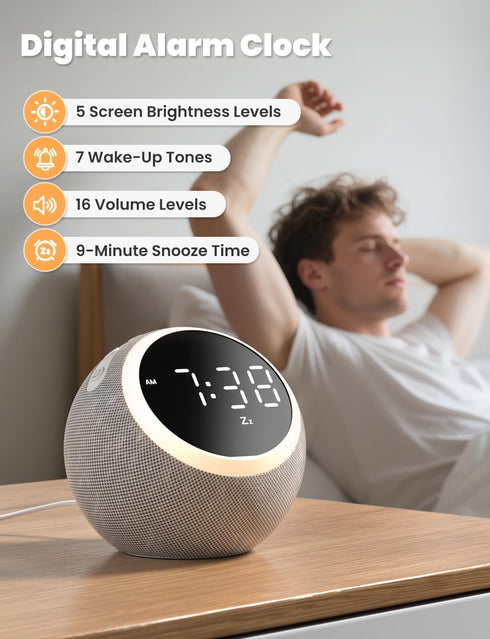 25 LIORQUE Alarm Clock with White Noise Machine & Night Light, Soothing Sound, Adjustable Volume, Sleep Timer, Ideal