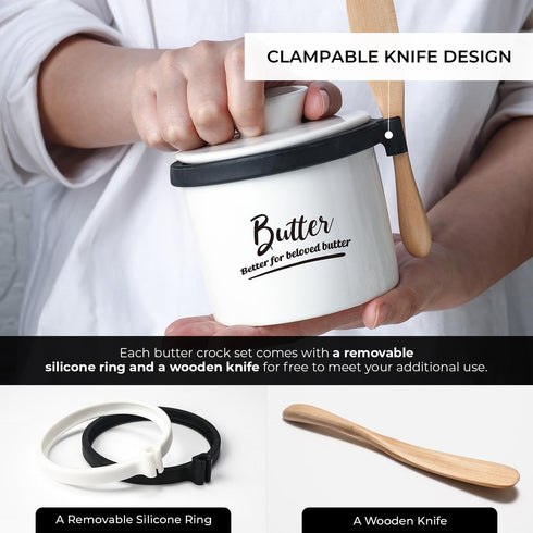 Butter Crock French Butter Dish Bell Keeper with Lid and Knife for Countertop, Keeps Butter Soft and Fresh for 2-5 Weeks, with Removable Silicone Ring, White