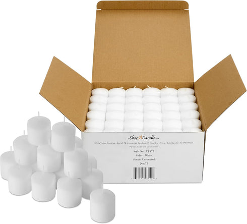 Bulk Pack of 72 White Votive Candles, Unscented Bulk Candles with 15 Hour Burn Time for Weddings and Parties