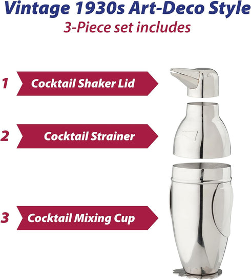 HIC Kitchen Bar Penguin Cocktail Shaker, 18/8 Stainless Steel, 18-Ounce, 3-Piece Set