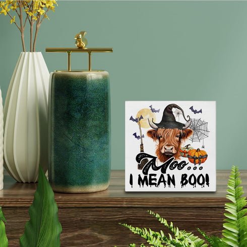 VIYZZX Halloween Highland Cow Wood Box Sign Decor Witchy Cow Moo I Mean Boo Block Sign Home Shelf Table Wall