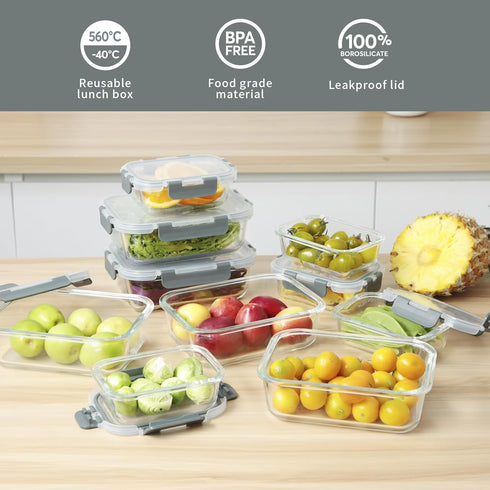 Glass Food Storage Containers with Lids, 20 Pieces Airtight Glass Meal Prep Container Set, Leakproof BPA Free Lunch