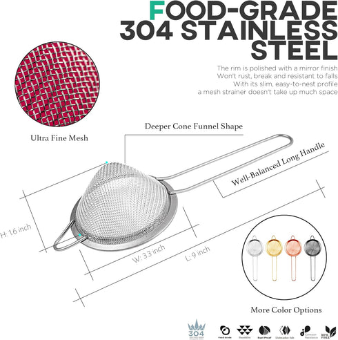Homestia 2 Piece 3.3" Fine Mesh Strainer for Kitchen, 304 Stainless Steel Cocktail Sieve, 2 Pack