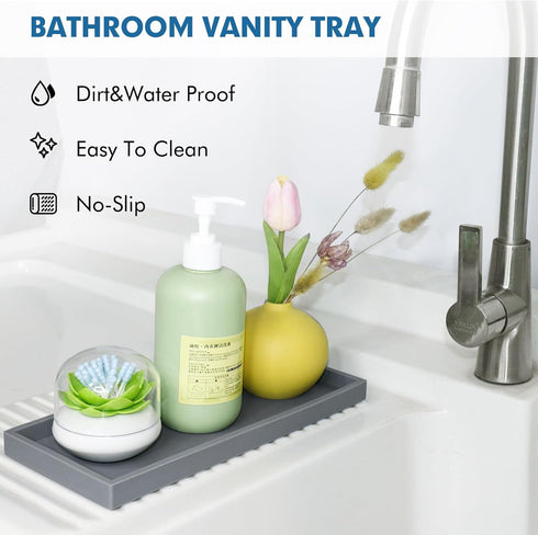 Bloss Silicone Tray Set - 15.7" Bathroom Soap Dispenser Tray and Holder, Countertop Organizer for Jewelry, Candle,