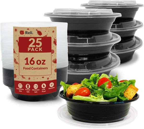 Reli. Meal Prep Container Bowls, 16 oz (25 Pack) - Reusable Plastic Take Out Food Containers with Lids