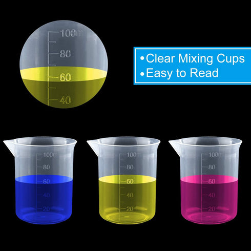 Coopay 12 Pack 100ml/3.4oz Plastic Beakers, Clear Multipurpose Measuring Cups with 50 Pack Wooden Stirring Sticks