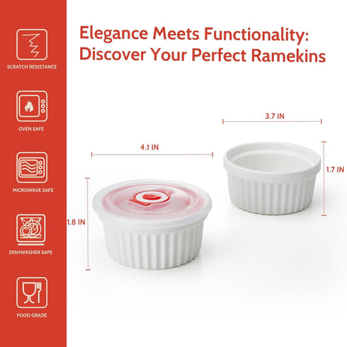 Sweese 6-Pack 8 oz Porcelain Ramekins with Lids, White Souffle Dishes for Baking, Oven-Friendly Pudding Bowls