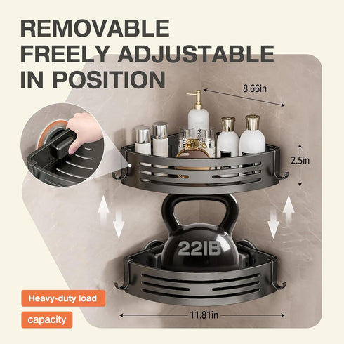 2-Pack, Lekesky Corner Shower Caddy Suction Cup, Corner Shower Shelf with Hooks, Bathroom Shelves No Drilling, Bathroom