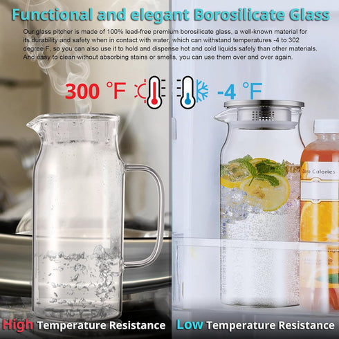 2 68 oz Bivvclaz Liter Glass Pitcher with Lid and Handle, Glass Carafe for Hot/Cold Water, Large Iced Tea Pitcher