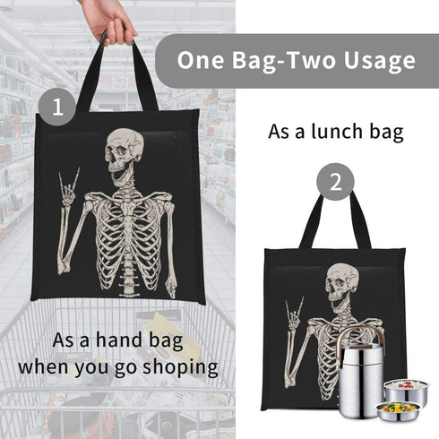 Ouqiuwa Cute Reusable Lunch Bag, Lunch Tote Handbag for Women Men, Rock and Roll Skeleton