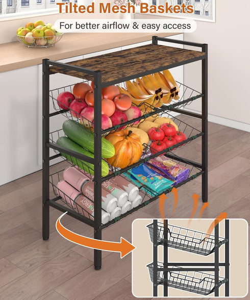 Tigerden 4-Tier Kitchen Fruit and Vegetable Storage Rack, Fruit Basket Stand, Freestanding Snack Display Organizer