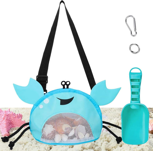 AMOR PRESENT Mesh Baby Beach Bag, Shell Collecting Bag with Shovel Crab-Shaped