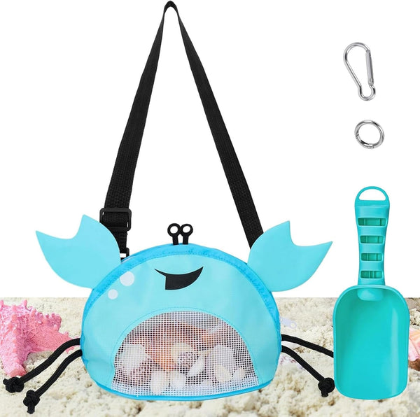 AMOR PRESENT Mesh Baby Beach Bag, Shell Collecting Bag with Shovel Crab-Shaped
