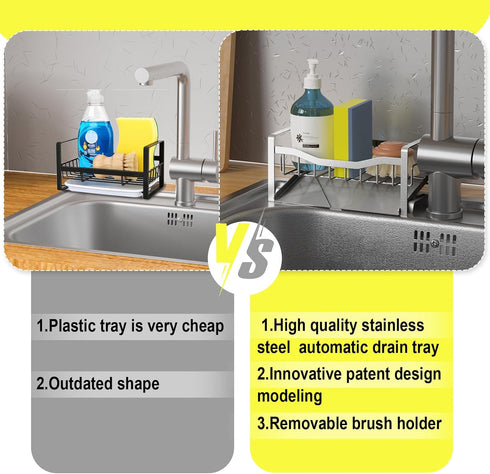 Kitchen Sink Caddy Organizer, Stainless Steel Sponge Holder with Auto Drain Tray for Kitchen Countertop Storage