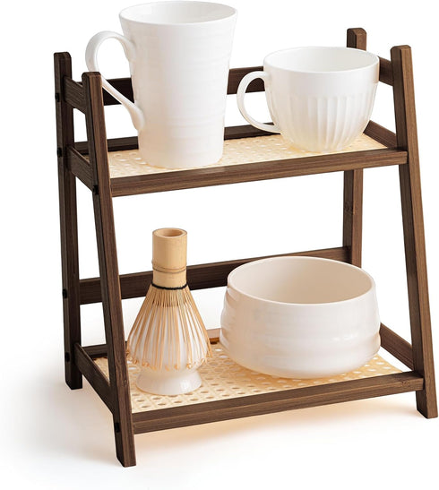 Yalikop 1 Pcs 2 Tier Matcha Station Shelf Bamboo Coffee Mug Stand