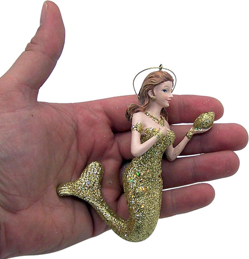 Mermaid Christmas Ornament, Glittery Holiday Decoration, Nautical Theme, 4.5 Inches (Gold Tone Mermaid)