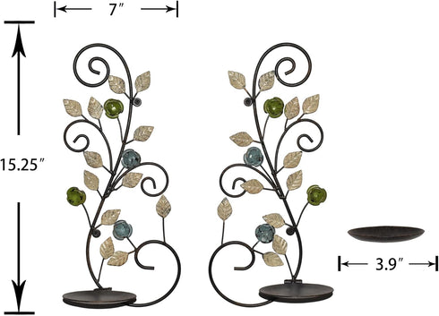 JUCONSIN Set 2, Wall Sconces Candle Holder of Antique White Leaf and Multi-Color Flower Branch Wall Mount Hanging Metal