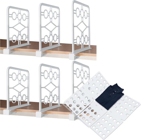 Space-Saving Shelf Dividers with T-Shirt Folder Board, Organize Closet Space, Ideal for Kitchen, Bathroom, Office, Pack