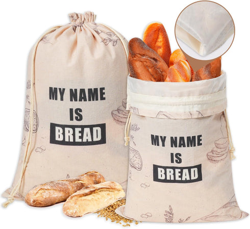Bread Bags for Homemade Bread, Organic Linen with Plastic Liner, Drawstring Closure for Sourdough, 2 Packs