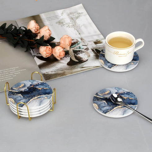 Dksyee Set 6, Set, Coasters of Navy Blue Marble Abstract Round Ceramic Coasters with Holder, Best Absorbent Drink