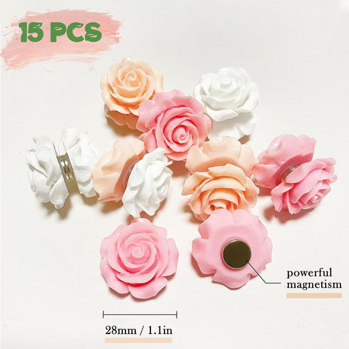 15 pcs Cute Flower Fridge Magnets, Pink Rose Magnets for Kitchen, Office, and School