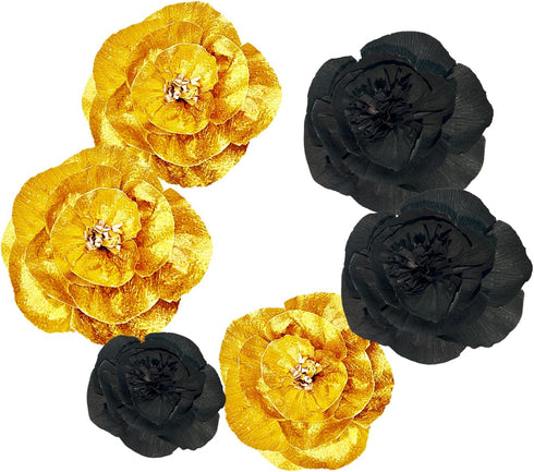3D Paper Flowers, Gold Black Graduation Craft Paper Flowers, 6PCS Pom Pom Backdrop for Baby Shower Decor