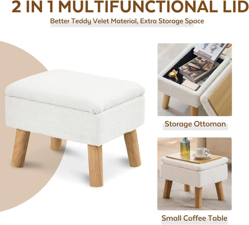Storage Ottoman, Small Foot Stool Ottoman with Storage, Teddy Velvet Foot Rest with Wood Legs, Footstool for Living