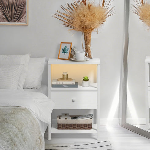 BOLUO White Nightstand with Charging Station, LED Night Stand with Fabric Drawers and Shelf, Bedside Table with USB