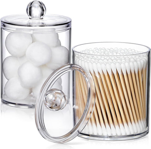 2 Pack Acrylic Qtip Holder Dispenser - Clear Plastic Canister for Cotton Swabs, Balls, Pads, Floss Picks, Bathroom Decor