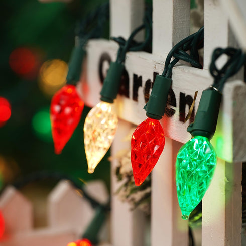 C6 50 25ft BOHON Red White and Green Christmas Lights Outdoor Faceted LED Plug in Fairy Twinkle Warm String Lights