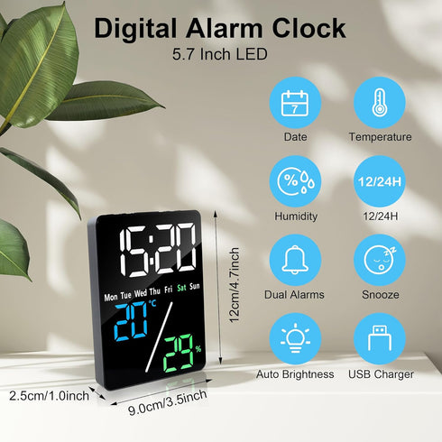 5.7" Snooze Lafocuse LED Digital Alarm Clock Bedside, Table Clocks with Dual Alarm, Date, Day, Temperature, DST, USB