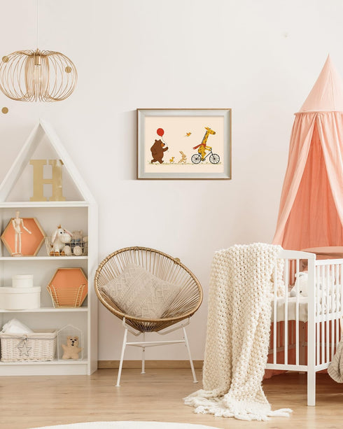 12x16 Inch ARPEOTCY Framed Canvas Wall Art, Cute Animal Parade Print, Giraffe on Bicycle with Bear, Bunny, and Birds