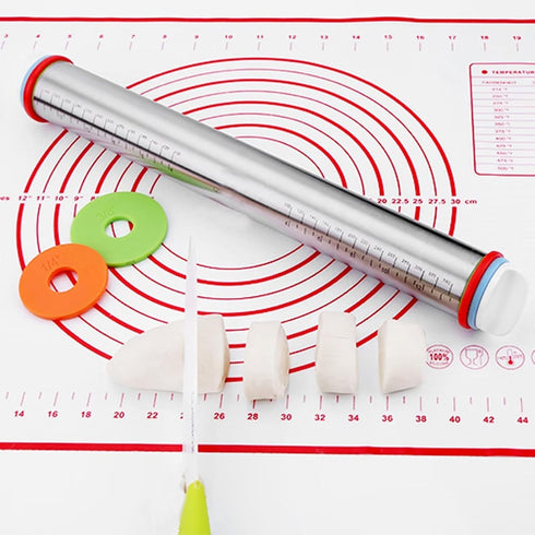Stainless Steel Rolling Pin and Silicone Mat Set, Adjustable Thickness Rings for Baking Dough, Pizza, Pastries