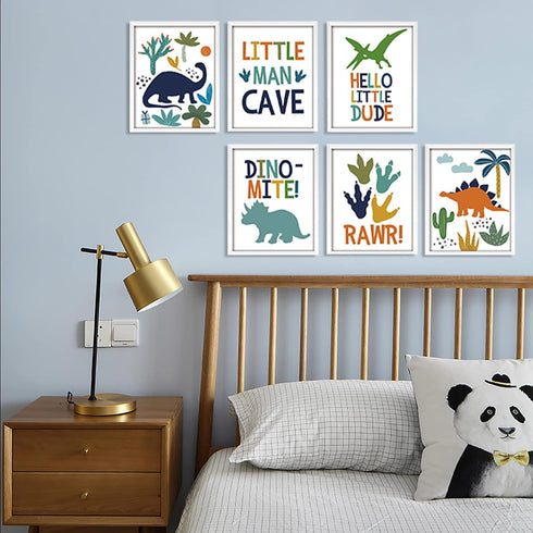 6 Pack 8x10 Inch, ArtbyHannah Dinosaur Nursery Decor,Framed Dinosaur Wall Art for Boys Room, Cute Baby Bedroom Wall
