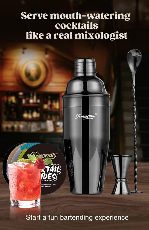 KITESSENSU Cocktail Shaker Set, Stainless Steel Martini Shaker with 24 Ounce Mixer, Jigger, Bar Spoon & Recipe Guide,