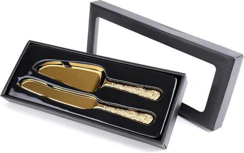 Dicunoy 2 PCS Gold Cake Knife and Server Set, Vintage Engraved Utensils for Wedding, Birthday, Party