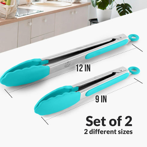 Zulay Stainless Steel Kitchen Tongs with Silicone Tips, Set of 2 (9” & 12”), Locking Cooking Tongs, Silver/Aqua Sky