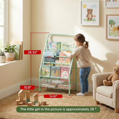 4-Tier (28.35" JAQ Green Kids Bookshelf, Metal Book Display Rack for Small Space, Child-Safe Forward Facing Toddler