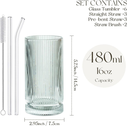 Set 16 Oz Set (6Pcs) KEMORELA Ribbed Glassware of, Origami Style XL Drinking Glasses with Straws, Vintage Glassware