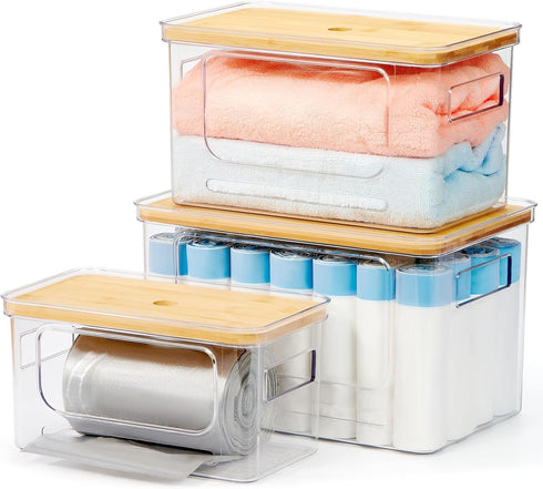 3-Pack Trash Bag Holder,Trash Bag Dispenser with Bamboo Lid, Stackable Acrylic Garbage