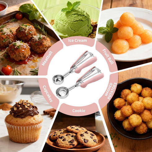JETONN Set 2, 18/8 Set Cookie Scoops for Baking of Pink Handle Stainless Steel Ice Cream Scoop with Ergonomic Soft
