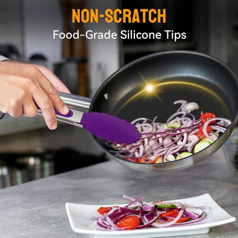 HOTEC Premium Stainless Steel Locking Kitchen Tongs, Set of 2 (9" and 12"), Silicone Tips, Purple