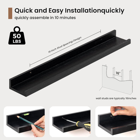 Set 2, 24 Inches Picture Ledge Shelf, Floating Shelves of Solid Wood Nursery Book Shelves for Toys Storage, Kids