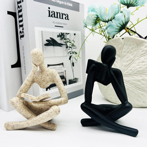 2 Pcs Home Decor Sandstone Reading Thinker Statue Modern Figurines Abstract Aesthetic Sculpture Thinker Statuettes