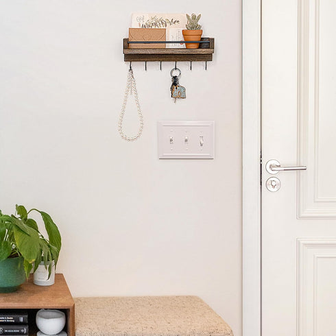 Mkono Small Rustic Wood Key Holder for Wall, 9.5" x 3.5" x 2.5", Decorative Display Keys Hanger Organizer with 6 Hooks